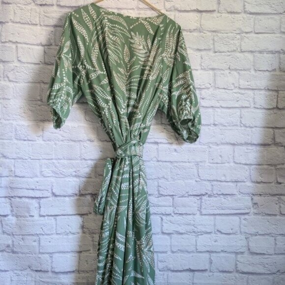 Summersalt The Coastal Poplin Puff Sleeve Wrap Midi Dress 2XL Green White Preppy - Picture 5 of 7